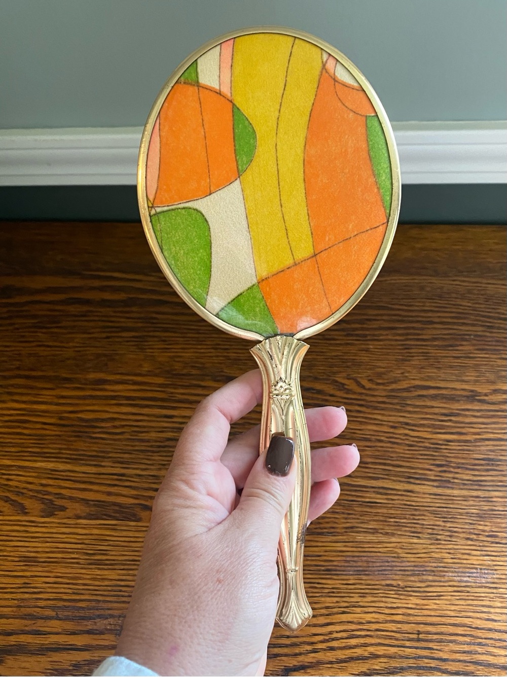 Vintage Mid Century MCM Handheld Vanity Mirror Colorful Abstract Design